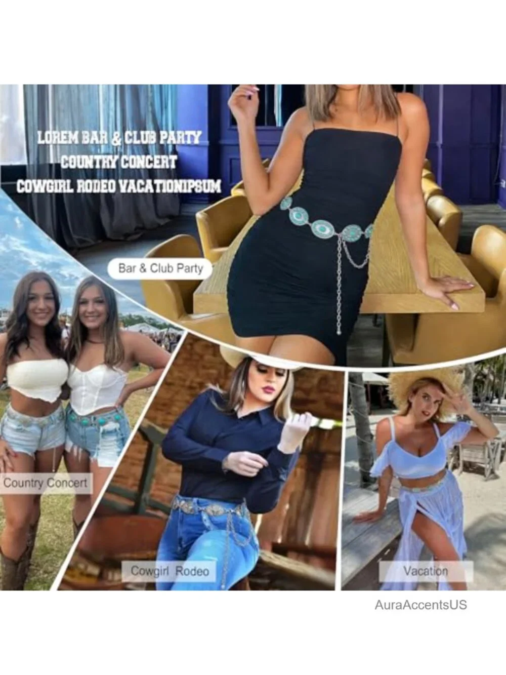 Western Metal Concho Turquoise Chain Belt for Women Country Concerts
